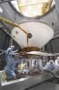 Inside a thermal vacuum at Lockheed Martin Space Systems, Denver, technicians prepare NASA's Phoenix Mars Lander for environmental testing