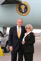 President George W. Bush presented the President’s Volunteer Service Award to Elaine Nickovich upon arrival at the airport in Reno, Nevada, on Monday, October 2, 2006.  Nickovich is a volunteer with the Volunteers in Police Service Program SMART, the Citizen’s Homeland Security Council, and the Emblem Club.  To thank them for making a difference in the lives of others, President Bush honors a local volunteer, called a USA Freedom Corps Greeter, when he travels throughout the United States.  President Bush has met with more than 500 individuals around the country, like Nickovich, since March 2002.