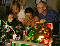 A research team at JILA has developed a new method for making and analyzing an unusual floppy molecule. Shown above with their experimental apparatus are (from left) Chandra Savage, Erin Whitney, Feng Dong, and David Nesbitt.