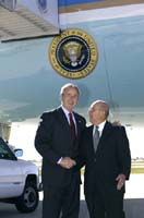 President George W. Bush met Tony Salem upon arrival in Des Moines, Iowa, on Monday, October 4, 2004.  Salem, 69, is an active volunteer with the Children and Family Urban Ministries (CFUM), which addresses the needs of economically-disadvantaged school-age children and their families on the north side of Des Moines.   