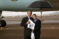 President George W. Bush met Hilary Juel upon arrival in Phoenix, Arizona, on Wednesday, January 21, 2004.  Juel has been an active volunteer with the Make A Difference organization since 1997.