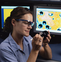 NIST post doctoral researcher Elizabeth Mirowski inserts a magnetic tip into a holder for a magnetic force microscope.