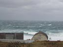 Large storm waves in the Bering Sea break as they reach St. George Village