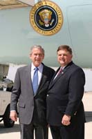 President George W. Bush presented the President’s Volunteer Service Award to Randy Hatfield upon arrival at the airport in Victorville, California, on Wednesday, April, 4, 2007.  Hatfield is a volunteer with the City of Victorville Community Emergency Response Team (CERT) and Emergency Communication Service (ESC).  To thank them for making a difference in the lives of others, President Bush honors a local volunteer when he travels throughout the United States.  President Bush has met with more than 575 individuals around the country, like Hatfield, since March 2002.