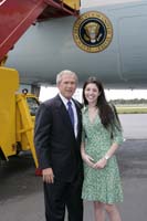 President George W. Bush presented the President’s Volunteer Service Award to Jaclyn Einstein upon arrival in Fort Lauderdale, Florida, on Monday, June 6, 2005.  Einstein, a high school junior, founded the Sprinkle of Sunshine Club (SOS) at University School to promote organ donation education, organ transplant fundraising, and provide outreach projects to benefit local transplant recipients.  To thank them for making a difference in the lives of others, President Bush has met with more than 400 individuals around the country, like Einstein, since March 2002.