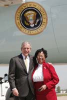 President George W. Bush presented the President’s Volunteer Service Award to Audrey Browder upon arrival in New Orleans, Louisiana, on Monday, April 21, 2008.  Browder is a volunteer with the Central City Partnership, the Holy Ghost Catholic Church and the Neighborhood Housing Services of New Orleans.  To thank them for making a difference in the lives of others, President Bush honors a local volunteer when he travels throughout the United States.  He has met with more than 600 volunteers, like Browder, since March 2002.