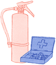 A fire extinguisher and a first aid kit.