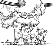 Image of Mr. Plug warning a boy about climbing trees with power lines.