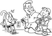 Image of Mr. Plug and dad helping the son plug in a boom box.