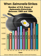 number of U.S. cases of Salmonella enteritidis between 1985 and 1996