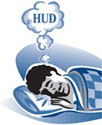A man sleeping dreaming the word 'HUD'