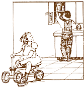 A child riding a tricycle while dad puts the pesticide in a high cabinet.  'Store pesticides out of children's reach in a locked cabinet or garden shed.'