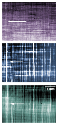 X-ray topographs of three different strata of a strained-silicon wafer