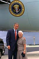 On his arrival in Orlando, FL, President George W. Bush met Marie Wieland, an Orlando senior citizen who has been an active volunteer in the Orlando community for more than 40 years.