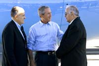 President George W. Bush met Frank Ontiveros upon arrival in Las Cruces, New Mexico, on Thursday, August 26, 2004.  Ontiveros, 71, is an active volunteer with the Diocese of Las Cruces Prison and Jail Ministry.
