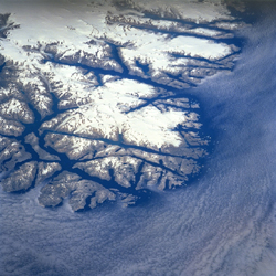 aerial photo of Greenland coastline.