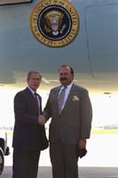 President George W. Bush met Steven Riggs upon arrival in Charleston, South Carolina on Monday. Riggs is a Charleston insurance agent who volunteers with the South Carolina Military Department.