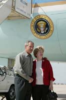 President George W. Bush met Deborah Toland upon arrival in Tuscon, Arizona, on Monday, August 11, 2003.  Toland is an active volunteer with the Citizen Corps Council of Homeland Security for Southern Arizona, helping communities become better prepared to respond to emergency situations.