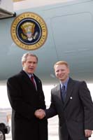 President George W. Bush will meet Travis Morrison upon arrival in Springfield, Missouri, on Monday, February 9, 2004.  Morrison volunteers in his community by helping those who are still recovering from severe storms and tornadoes that impacted Missouri in May 2003.