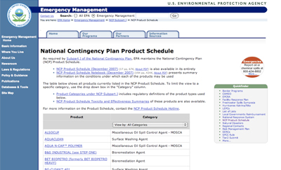 Image of the EPA Oil Program web page, "NCP Product Schedule and Notebook."