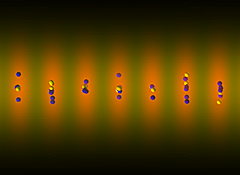 yellow and blue atoms trapped in pancake-shaped wells