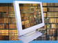 A graphic showing a library of leather-bound books through a computer monitor