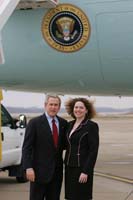 President George W. Bush presented the President’s Volunteer Service Award to Jennie Roth upon arrival in Pittsburgh, Pennsylvania, on Monday, March 7, 2005.  Roth, 21, is an active volunteer at the Providence Family Support Center.  