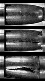 NIST Kolsky bar apparatus compress a test slice from a frangible bullet to measure the precise amount of stress needed to break it apart. 