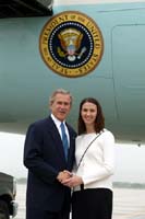 President George W. Bush met Rebecca Haupt upon arrival in Milwaukee, Wisconsin, on Friday, May 14, 2004.  Haupt, a junior at Concordia University, is an active volunteer with the Volunteer Outreach in Christian Enthusiasm (VOICE) program at the university.     