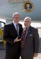 President George W. Bush presented the President’s Volunteer Service Award to Joe Lapenta upon arrival in Hartford, Connecticut, on Friday, April 25, 2008.  Lapenta is a volunteer with the Boys & Girls Clubs of Hartford.   To thank them for making a difference in the lives of others, President Bush honors a local volunteer when he travels throughout the United States.  He has met with more than 600 volunteers, like Lapenta, since March 2002.