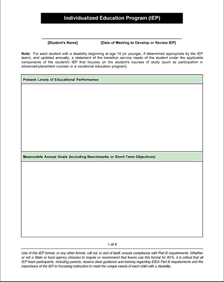 See sample of IEP form beginning here.