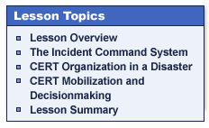 Lesson Topics

Lesson Overview
The Incident Command System
CERT Organization in a Disaster
CERT Mobilization and Decisionmaking
Lesson Summary