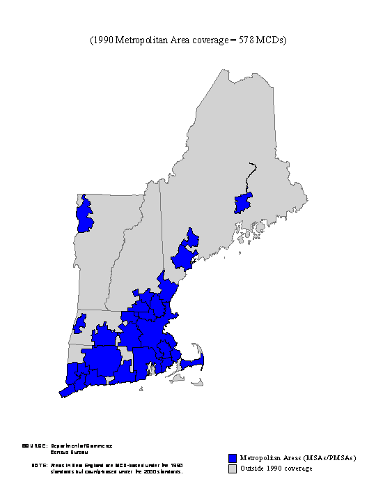 Map of 1990 Metropolitan Areas in New England