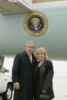 President George W. Bush presented the President’s Volunteer Service Award to Sharon Semrow upon arrival in Milwaukee, Wisconsin, on Thursday, May 19, 2005.  Semrow is the Key Volunteer Coordinator for military families from Fox Company, 2nd Battalion, 24th Marines stationed in Milwaukee.  To thank them for making a difference in the lives of others, President Bush has met with more than 400 individuals around the country, like Semrow, since March 2002.
