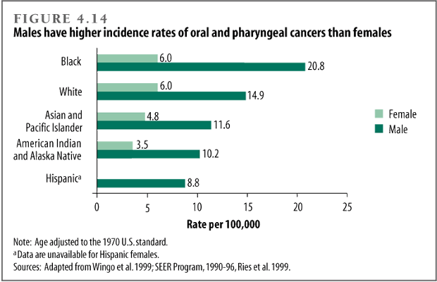 Males have higher incidence rates of oral and pharyngeal cancers than females