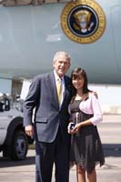 President George W. Bush presented the President’s Volunteer Service Award to Tamara Skinner upon arrival in Phoenix, Arizona, on Tuesday, May 27, 2008.  Skinner, 12, is a volunteer with Project SHINE and Church for the Nations. To thank them for making a difference in the lives of others, President Bush honors a local volunteer when he travels throughout the United States.  He has met with more than 600 volunteers, like Skinner, since March 2002.