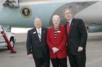 President George W. Bush presented the President’s Volunteer Service Award to Char and Roy Brady upon arrival in Great Falls, Montana, on Thursday, February 3, 2005.  The Bradys are active volunteers with the Cascade County Retired Senior Volunteer Program (R.S.V.P).