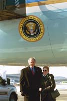 President George W. Bush met Pearl Kluth upon arrival in Philadelphia, Pennsylvania, on Saturday, January 31, 2004.  Kluth has been an active volunteer with the Haverford Township Townwatch program since 1978. 