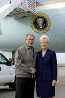 President George W. Bush met Joan Roth upon arrival in Pittsburgh, Pennsylvania, on Monday, November 1, 2004.  Roth is an active volunteer with the Greensburg Youth Commission.