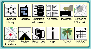 CAMEO module buttons: Chemical Library, Facilities, Chemicals in Inventory, Contacts, Incidents, Screening & Scenarios, Special Locations, Routes, Resources, Help, ALOHA, and MARPLOT.