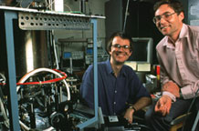 2001 Nobel Prize in Physics Laureates Eric Cornell, NIST (left), and Carl Wieman, University of Colorado at Boulder (right), with the apparatus used to achieve the Bose-Einstein condensate.
