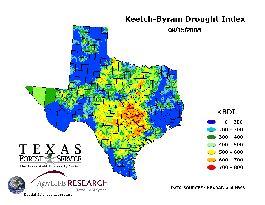 Latest Texas Keetch-Byram Drought Index Information (click to enlarge)