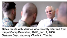 Gates meets with Marines who recently returned from Iraq at Camp Pendelton, Calif.,,Jan. 7, 2008.