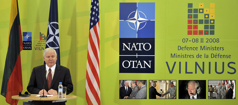 Defense Secretary Robert M. Gates holds a press conference in Vilnius, Lithuania during the NATO Defense Ministerial, Feb. 7, 2008.