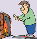 Image of a man warming his hands near the fireplace.