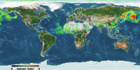 The image shows aerosols crossing the Atlantic and Pacific oceans.