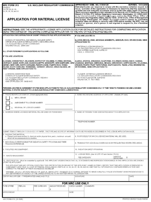 United States Nuclear Regulatory Commission Form 313