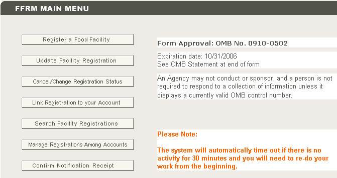 Menú Principal de la página de inicio del Módulo de Registro de Instalaciones Alimenticias