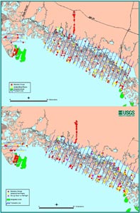 two maps showing locations of manatee groups on 30 strip transects during 8 aerial surveys in 2001 and 8 surveys in 2002 within the northern Ten Thousand Islands region of southwest Florida