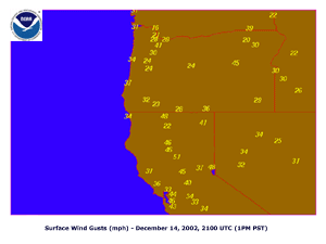 wind gusts across the western U.S. at 2100 UTC on December 14, 2002
